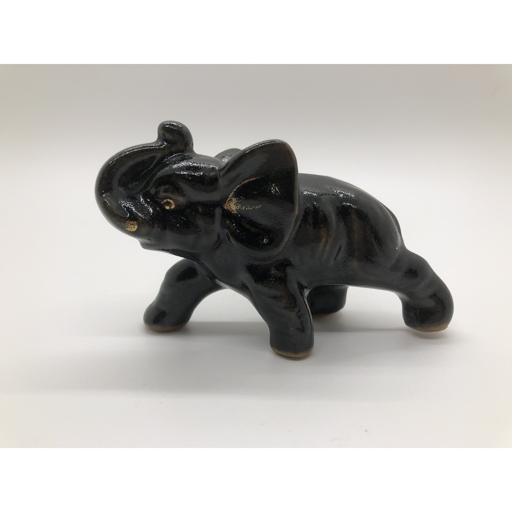Vintage Black and Gold Clay‎ Elephant Trunk Up Figurine Statue